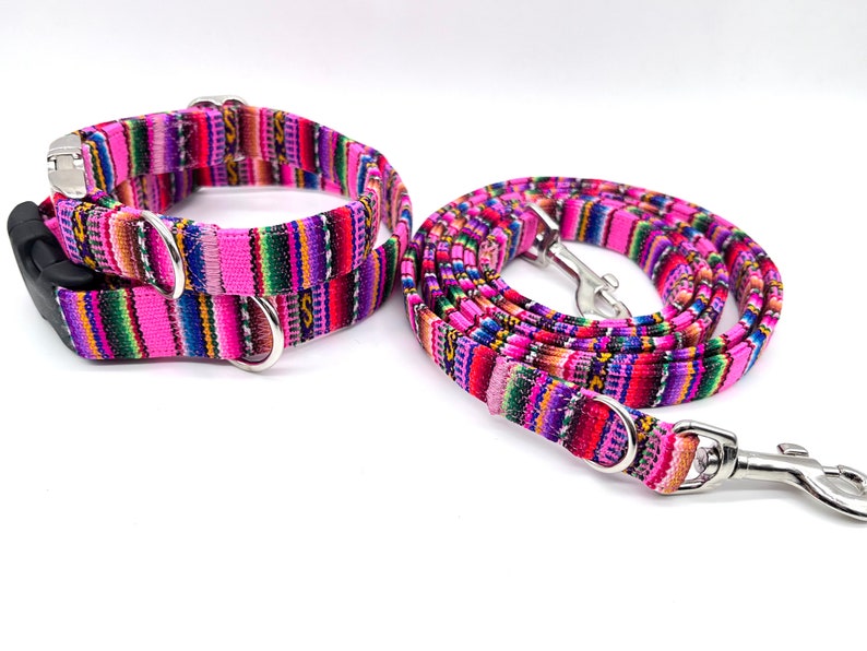 Puede incluir: Un juego de collar y correa para perro de color rosa y estampado multicolor. El collar tiene una hebilla negra y anillas en D plateadas. La correa tiene un clip plateado.