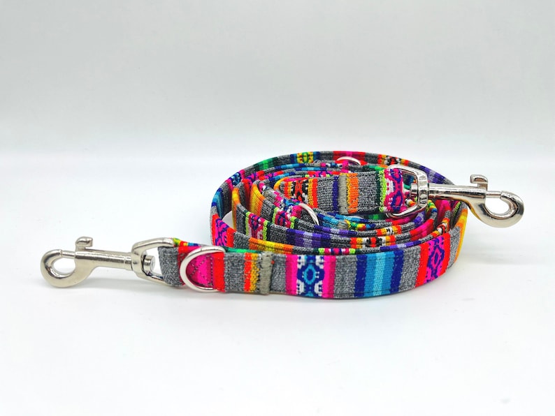 Colorful PERU striped dog leash, ethnic/Mexican/boho style, 3-way adjustable leash or city leash, grey image 2