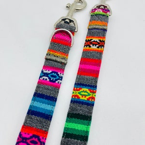 May include: Two colorful dog leashes with silver clips. The leashes have a gray background with multi-colored stripes and geometric patterns.