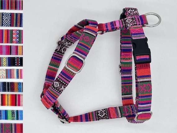 Gr. S Hundegeschirr Ethno bunte Streifen, Rosa Orange Rot, Hippie, Hunde Führgeschirr, verstellbar, Stoff Y Geschirr, verschiedene Farben