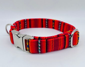 Farbenfrohes Streifen Hundehalsband PERU Ethno, verstellbar, Klickverschluss rot/orange