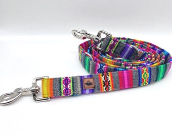 Colorful PERU striped dog leash, ethnic/Mexican/boho style, 3-way adjustable leash or city leash, grey