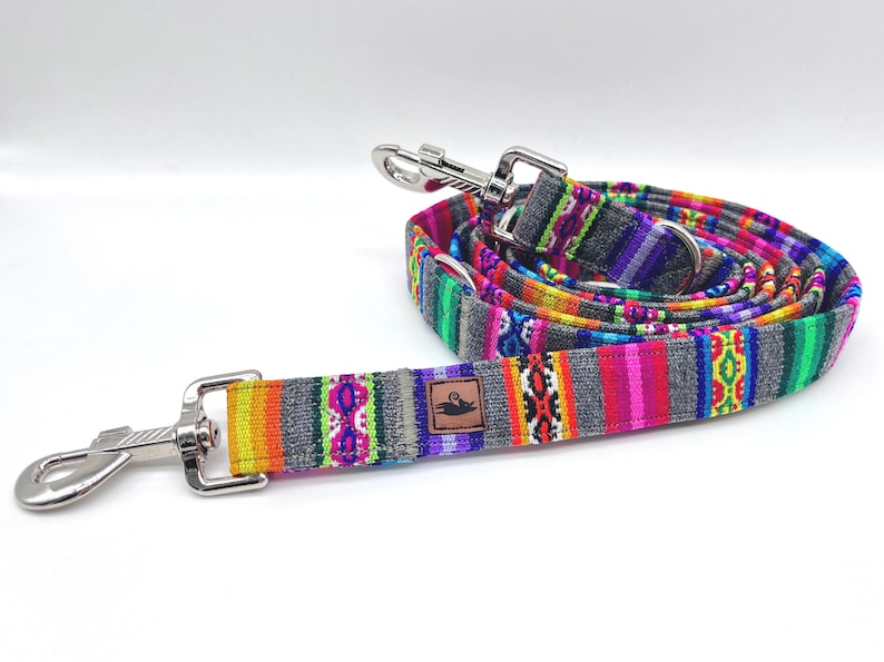 Colorful PERU striped dog leash, ethnic/Mexican/boho style, 3-way adjustable leash or city leash, grey image 1