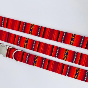 May include: Two red, orange, and blue striped dog collars with silver metal buckles and D-rings.