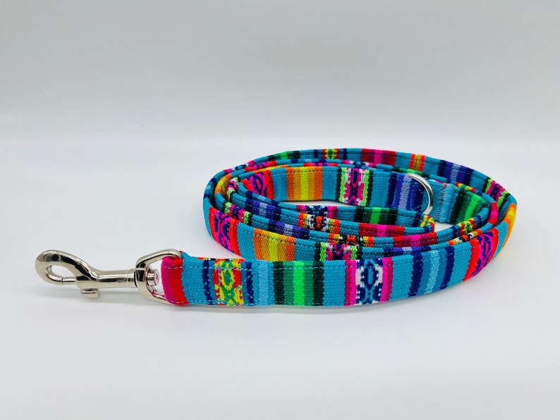 May include: A blue and multicoloured patterned dog lead with a silver clip.