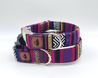 Colorful striped ethnic-style dog collar, adjustable, click closure, purple and black