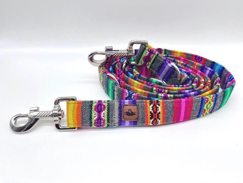 Colorful PERU striped dog leash, ethnic/Mexican/boho style, 3-way adjustable leash or city leash, grey image 6