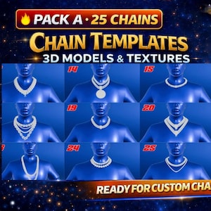 Può includere: Un pacchetto di risorse digitali intitolato PACK A 25 CHAINS CHAIN TEMPLATES 3D MODELS & TEXTURES con vari design di collane su busti di manichini blu, una griglia di texture di colori e materiali e un codice QR per creare catene personalizzate.