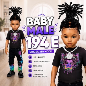 Könnte beinhalten: Ein digitales Charaktermodell eines Kleinkindes mit dunkler Haut und schwarzen Dreadlocks, die zu einem hohen Pferdeschwanz gebunden sind. Die Figur trägt ein schwarzes T-Shirt mit einem bunten Tiger-Motiv, eine silberne Kette und eine schwarze Hose.