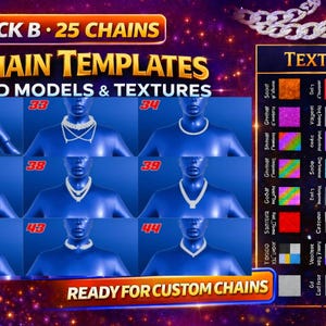 May include: Image showcasing a collection of chain templates, 3D models, and textures. The image features various necklace designs displayed on blue mannequin torsos, with a text overlay indicating "Chain Templates" and "Ready for Custom Chains."