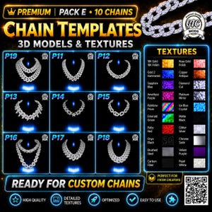Puede incluir: Una pantalla de producto digital titulada Premium Pack E 10 Chains Chain Templates 3D Models & Textures. Presenta once diseños de cadenas distintos etiquetados de P11 a P19, junto con una paleta de texturas que incluye acabados en oro, diamante y mate.