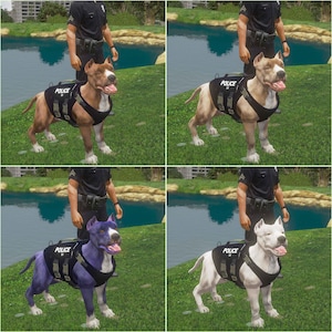 May include: Four images of dogs wearing police vests. The dogs are different colors: tan, brown, purple, and white. Each dog is standing on grass near a body of water. A person in a police uniform is standing behind each dog.