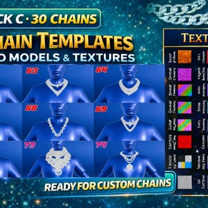 May include: An advertisement for chain templates with 3D models and textures. The image displays various necklace designs on mannequins, with a blue, gold, and white colour scheme. The text reads "Chain Templates" and "Ready for Custom Chains."
