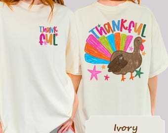 Comfort Colors Thankful Turkey Thanksgiving Shirt, Preppy Fall Turkey Tee, Cute Fall Graphic Custom Double Sided Shirts