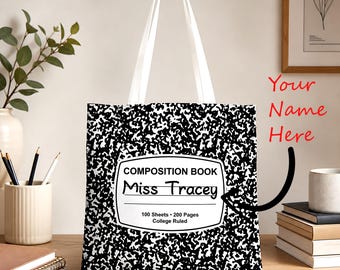 Personalized Composition Book Tote Bag, Canvas Tote Bag, School Bag, Nursery, After-School Program, Back-to-School Bag, Cotton Vacation Bag