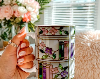 Stained-Glass Style Floral Bookshelf Mug, Book Lover Gift, Bookish Mug, Library Cup