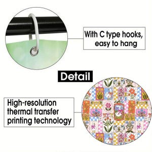 May include: A shower curtain detail featuring a white C-type hook on a black rod and a colorful patchwork pattern of geese, flowers, and bees. Text includes "With C type hooks, easy to hang", "Detail", and "High-resolution thermal transfer printing technology".