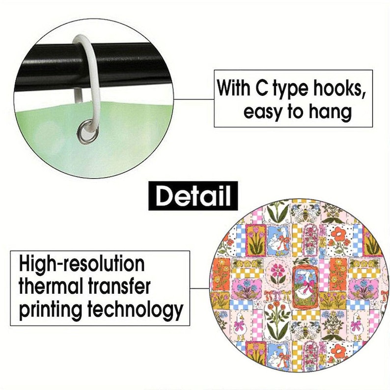 May include: A shower curtain detail featuring a white C-type hook on a black rod and a colorful patchwork pattern of geese, flowers, and bees. Text includes "With C type hooks, easy to hang", "Detail", and "High-resolution thermal transfer printing technology".