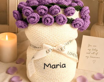 Custom Embroidery Flower Bouquet Round Blanket, Soft Polyester Throw Rose Design, Decorative Circular Blanket, Personalized Gift