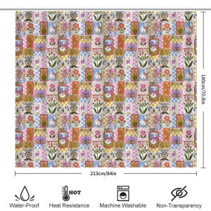 May include: A shower curtain featuring a repeating patchwork pattern of geese, flowers, and bees in pink, blue, orange, and yellow. The curtain measures 180cm/70.8in by 213cm/84in and includes icons for water-proof, heat resistance, machine washable, and non-transparency.