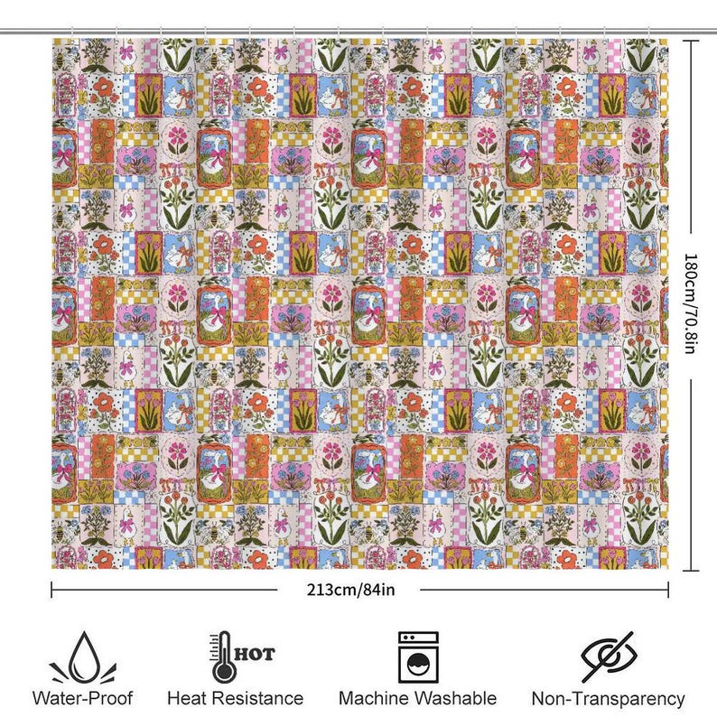 May include: A shower curtain featuring a repeating patchwork pattern of geese, flowers, and bees in pink, blue, orange, and yellow. The curtain measures 180cm/70.8in by 213cm/84in and includes icons for water-proof, heat resistance, machine washable, and non-transparency.