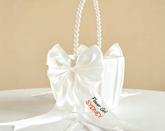 Personalized Flower Girl Basket with Pearl Handle, Boho Wedding Decor, Bridal Wedding Ceremony Decor, Custom Basket