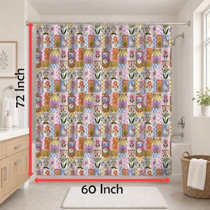 May include: A shower curtain featuring a repeating patchwork pattern of colorful floral and checkered squares in shades of pink, orange, blue, and green. The curtain measures 60 inches in width and 72 inches in height as indicated by the red arrows.