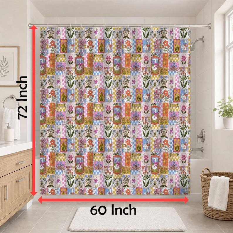 May include: A shower curtain featuring a repeating patchwork pattern of colorful floral and checkered squares in shades of pink, orange, blue, and green. The curtain measures 60 inches in width and 72 inches in height as indicated by the red arrows.