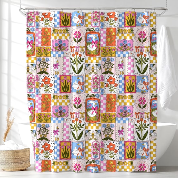 Silly Goose Shower Curtain, Silly Goose Bathroom Decor, Vintage Bright Flower Bath Curtain, Waterproof Fabric