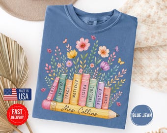 Comfort Colors Teacher Pencil Split Name Shirts, Personalized Teacher Team T-Shirt, Teacher Appreciation Gifts, Teacher Team Gift