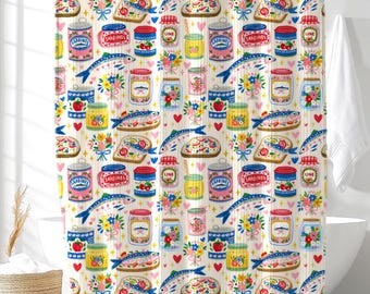 Preppy Fish Sardines Shower Curtain, Fish Bathroom Decor, Vintage Bright Flower Bath Curtain, Waterproof Fabric