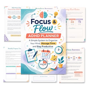 Könnte beinhalten: Ein Focus & Flow ADHS-Planer-Cover mit Gehirnsymbol, Glühbirne, Klemmbrett, Kalender, Uhr und Haftnotizen. Der Text lautet Focus & Flow ADHD PLANNER, A Simple System to Organize Your Mind, Manage Time, and Stay Productive.