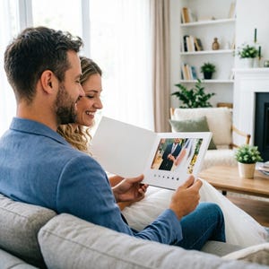 May include: A smiling couple looks at a photo album, revealing a wedding photograph. The album is open, and the couple is seated on a grey sofa in a bright living room. The man wears a blue blazer, and the woman wears a white dress.