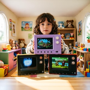 Könnte beinhalten: Ein Kind hält einen lila, gelben und roten Fernseher im Retro-Stil. Die Bildschirme zeigen animierte Szenen. Die Fernseher haben Knöpfe und Drehregler. Der Hintergrund ist ein Kinderspielzimmer mit Spielzeug und Kunstwerken.