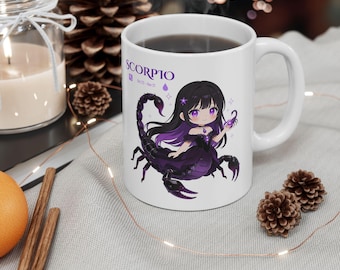 Scorpio Zodiac Chibi Mug | Kawaii Astrology Gift | Cute Anime Scorpio Coffee Mug | 11oz White Ceramic Mug | Zodiac Birthday Gift for Her