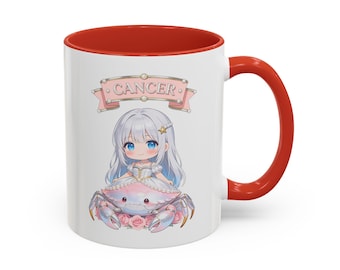 Cancer Mug, Kawaii Zodiac Gift for Her, June July Birthday, Chibi Anime Coffee Mug