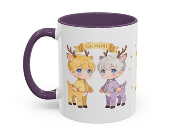 Gemini Mug, Kawaii Zodiac Gift for Him, May June Birthday, Chibi Anime Coffee Mug