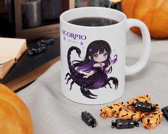 Scorpio Zodiac Chibi Mug | Kawaii Astrology Gift | Cute Anime Scorpio Coffee Mug | 11oz White Ceramic Mug | Zodiac Birthday Gift for Her