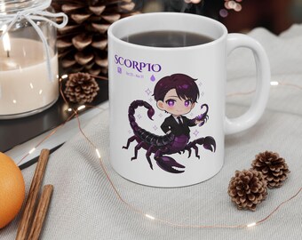 Scorpio Zodiac Chibi Mug | Kawaii Scorpio Boy Gift | Anime Astrology Coffee Cup | 11oz Ceramic Mug | Zodiac Birthday Gift
