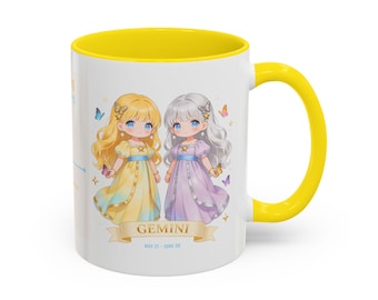 Gemini Mug, Kawaii Zodiac Gift for Her, May June Birthday, Chibi Anime Coffee Mug, Astrology Gift
