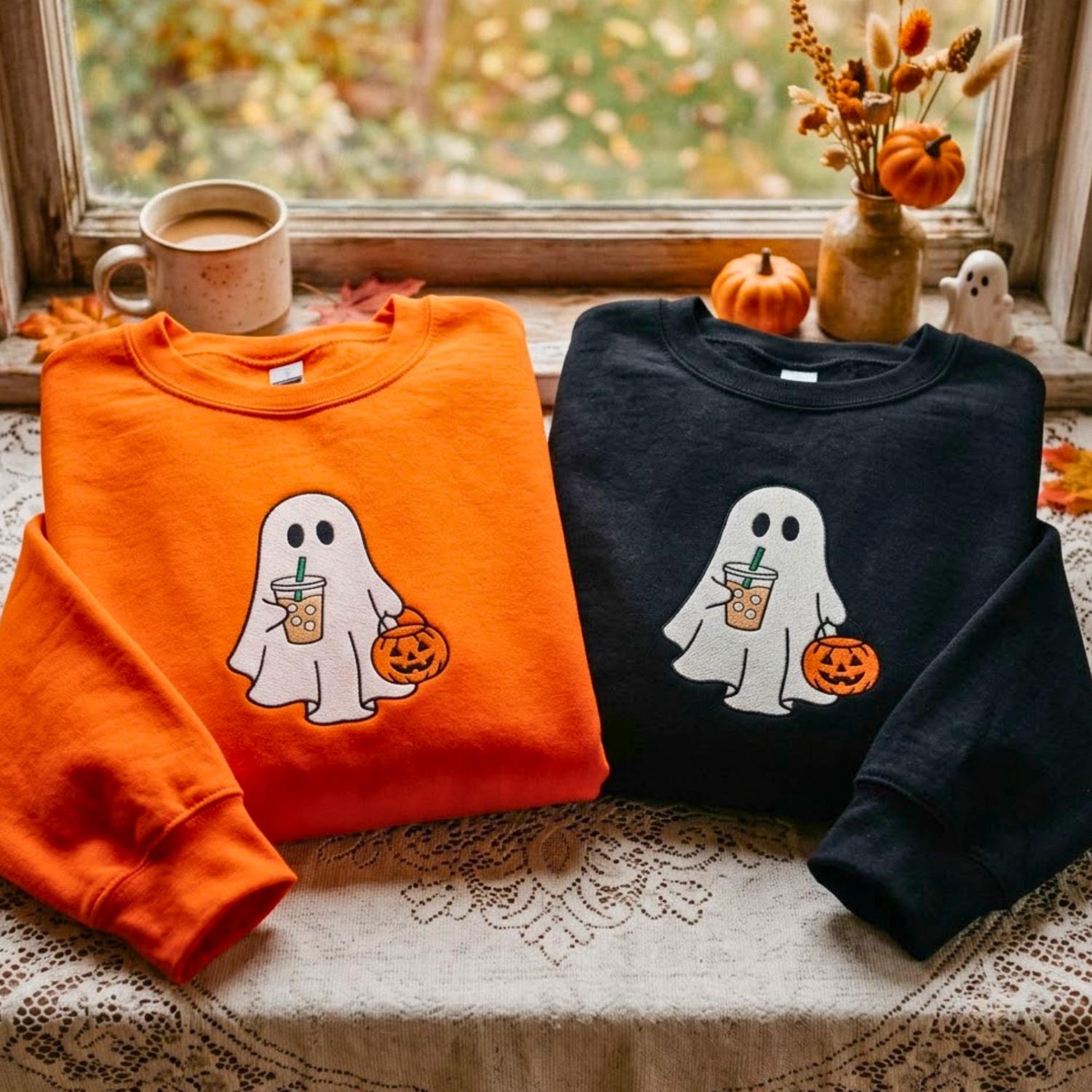 Embroidered Ghost With Coffee Sweatshirt, Halloween Sweatshirt, Cute Ghost Sweatshirt, Ghost Sweatshirt, Little Ghost Ice Coffee Shirt