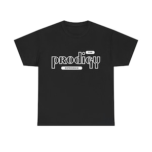 May include: A black short-sleeved t-shirt featuring white graphic text on the chest. The design displays the word Prodigy in a stylized font with the word The above it and the word Experience below it, both enclosed in white rounded rectangles.