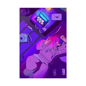 May include: A digital illustration featuring a person in a purple hoodie and beanie lying down while looking at a smartphone. Surrounding items include a camera, a handheld gaming console, an envelope with a heart, and a small makeup palette.