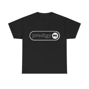 May include: A black short-sleeved t-shirt featuring a white graphic on the chest. The graphic consists of a horizontal pill-shaped outline containing the lowercase text "prodigy" followed by a circular icon with a white ant silhouette inside.