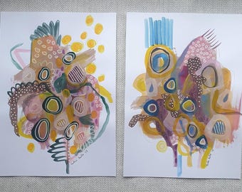 Set aus 2 originalen abstrakten Kunstwerken auf Papier, farbenfrohe Mixed-Media-Kunst, A4, ungerahmt