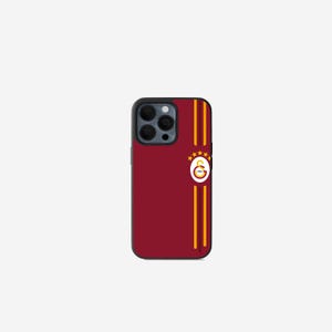 Op de afbeelding: Een bordeauxrode telefoonhoes met een zwarte rand. De hoes heeft twee verticale gouden strepen en een teamlogo met een witte cirkel, gouden sterren en een rood-gouden embleem.