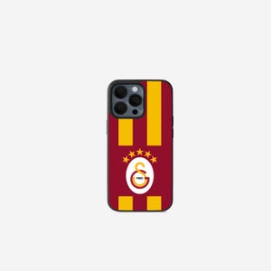 May include: A phone case with a maroon and yellow striped design. The case features a team logo with a white oval, a gold emblem, and the number 1905. The case has a black border and a camera cutout.