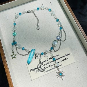 Celestial Moon & Star Necklace, Blue Crystal Charm Necklace, Fairycore Jewelry, Layered Silver Chain, Witchy Aesthetic Gift for Her Vintage
