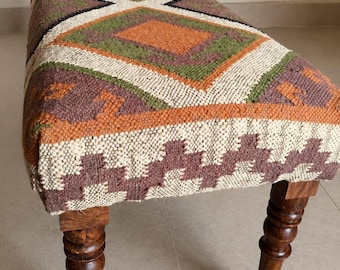 Panca Kilim in lana e iuta multicolore, pouf Kilim, panca da seduta, mobili fatti a mano, panca per pianoforte, panca per ingresso, panca pouf, panca per camera da letto