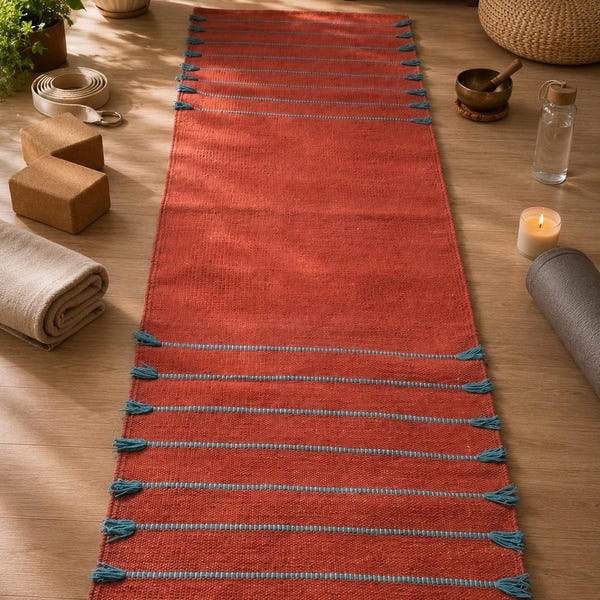 Esterilla de yoga de algodón orgánico tejida a mano / Alfombra de meditación estilo boho con borlas (60 x 180 cm)